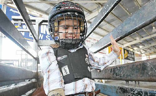 Four-year-old poddy rider Riley Elliott, as the youngest rider, gets in a practice run ahead of the Young Guns series at the Great Western Hotel tonight. Four-year-old poddy rider Riley Elliott, as the youngest rider, gets in a practice run ahead of the Young Guns series at the Great Western Hotel tonight.