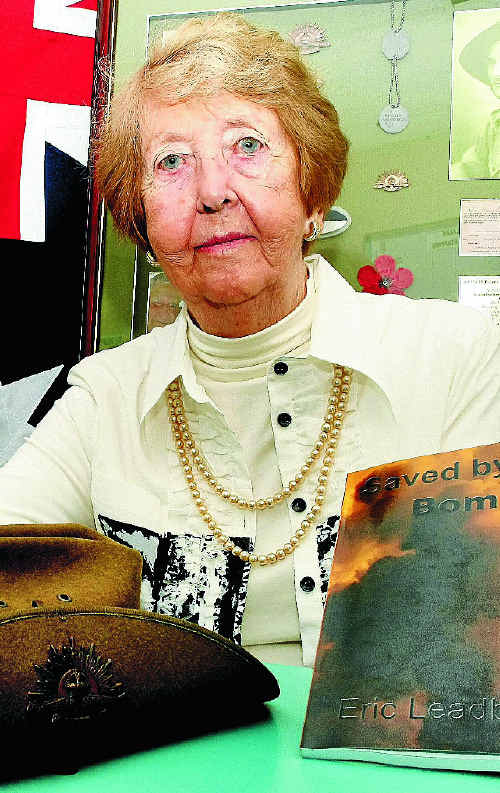 Margaret Leadbetter with her husband Eric’s memoirs Saved by the Bomb. Margaret Leadbetter with her husband Eric’s memoirs Saved by the Bomb.