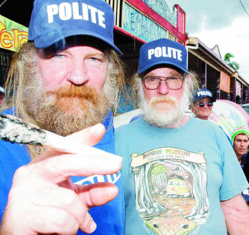 Max Stone (left) and Michael Balderstone in front of the Hemp Embassy and Hemp bar, ahead of the Nimbin MardiGrass at the end of April. Max Stone (left) and Michael Balderstone in front of the Hemp Embassy and Hemp bar, ahead of the Nimbin MardiGrass at the end of April.
