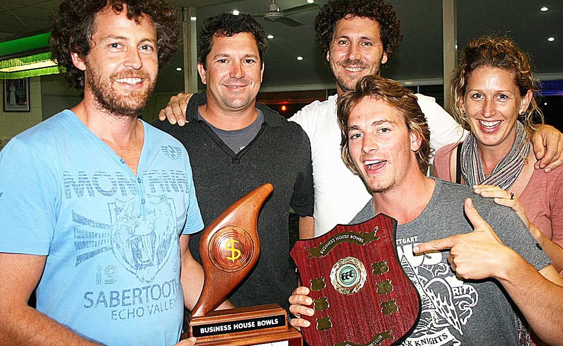 WINNERS ARE GRINNERS: Brad Ashdown, Mike Stevens, Derek Butterworth, Luke Lansen and Kellie Ashdown make up 'The Mangolians' who took out the Business House Bowls competition last Wednesday night. WINNERS ARE GRINNERS: Brad Ashdown, Mike Stevens, Derek Butterworth, Luke Lansen and Kellie Ashdown make up 'The Mangolians' who took out the Business House Bowls competition last Wednesday night.