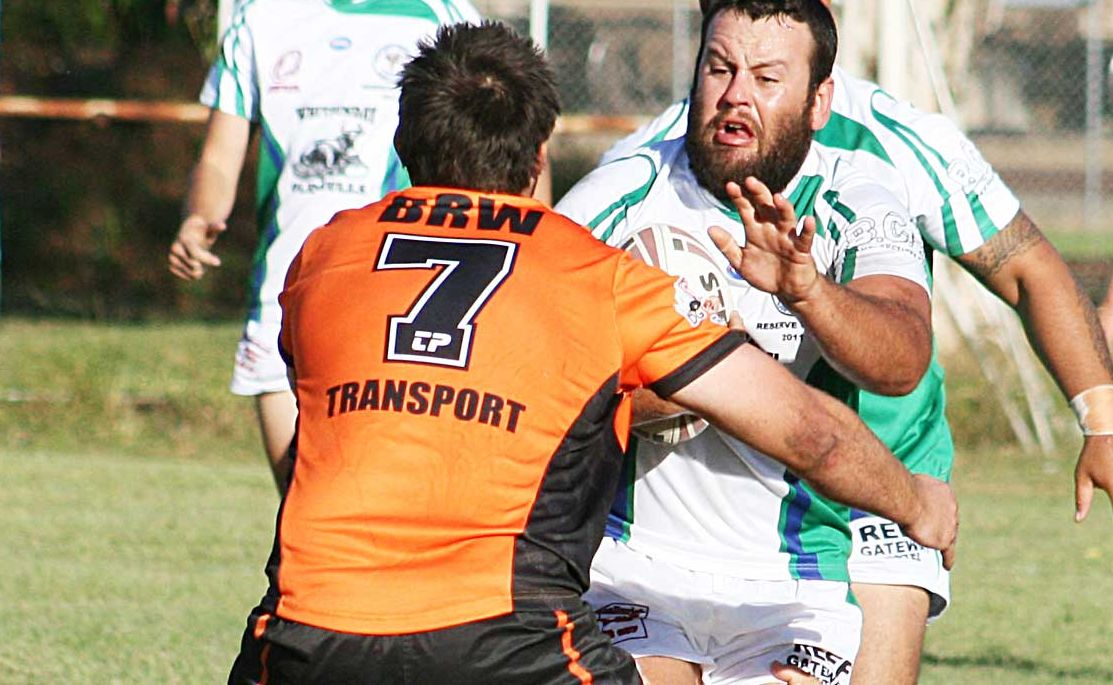 ATTACKING HARD: Brahman's second rower Pat Kelly bustled through the West Tiger's defence last Sunday at the Les Stagg Oval. ATTACKING HARD: Brahman's second rower Pat Kelly bustled through the West Tiger's defence last Sunday at the Les Stagg Oval.
