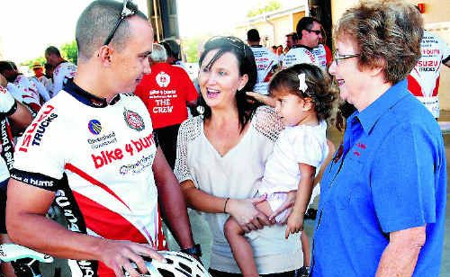 Rob Noy, of Mackay, says goodbye to his sister Julie Newton, niece Summer and mother Carmel Noy before leaving on the Bike 4 Burns charity ride. Rob Noy, of Mackay, says goodbye to his sister Julie Newton, niece Summer and mother Carmel Noy before leaving on the Bike 4 Burns charity ride.
