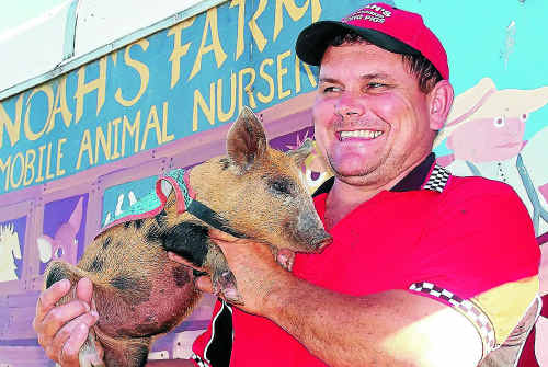 Kevin Kiley with one of his thoroughbred racing pigs.