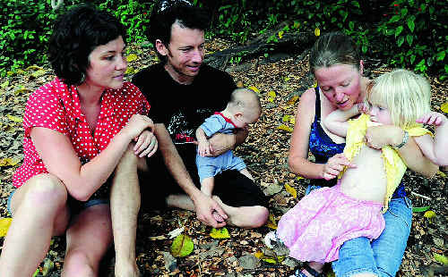 Baby Olive Ostila, 8 months old centre with parents Jacqui McSkimmings and Matt Ostila of Barkers Vae, and Obelia Paitson, 2 , with mum Elowyn Paitson of Mountain Top, were both born with gastroschisis. Baby Olive Ostila, 8 months old centre with parents Jacqui McSkimmings and Matt Ostila of Barkers Vae, and Obelia Paitson, 2 , with mum Elowyn Paitson of Mountain Top, were both born with gastroschisis.