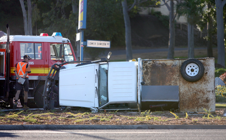 A utility was tipped onto its side in a collision with a B-Double truck on the corner of Lower Dawson Road and Upper Dawson Road. A utility was tipped onto its side in a collision with a B-Double truck on the corner of Lower Dawson Road and Upper Dawson Road.