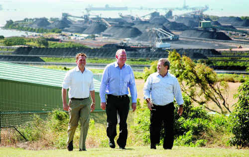 Shadow transport minister Scott Emerson, left, LNP Parliamentary Leader Jeff Seeney and shadow mining minister Jack Dempsey visit Dalrymple Bay and Hay Point coal terminals as part of their ‘Pit to Port’ tour yesterday.