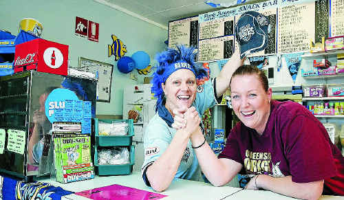 State of Origin fans Rebecca Ford and Kristie Payne showing their colours at the Park Avenue Mall Snack Bar. State of Origin fans Rebecca Ford and Kristie Payne showing their colours at the Park Avenue Mall Snack Bar.