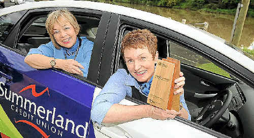 POWER SAVERS: Summerland Credit Union CEO Margot Sweeny (left) and sustainability co-ordinator Jo-Anne Rice with the Sustainability Advantage bronze award. POWER SAVERS: Summerland Credit Union CEO Margot Sweeny (left) and sustainability co-ordinator Jo-Anne Rice with the Sustainability Advantage bronze award.