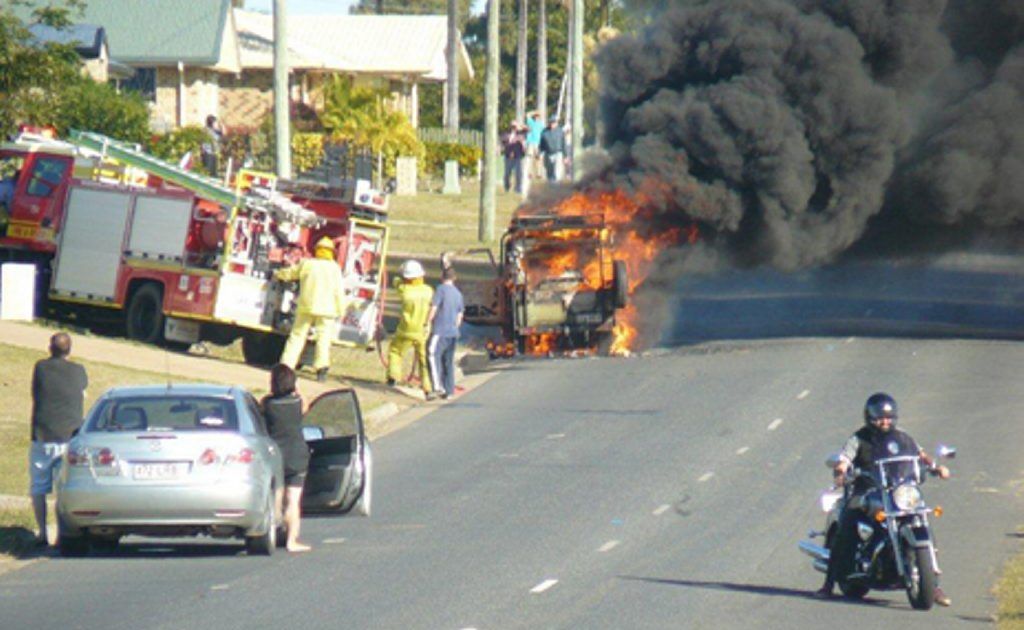 A car burst into flames on Hartley Street, Emu Park, on Saturday. A car burst into flames on Hartley Street, Emu Park, on Saturday.