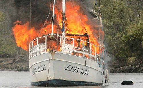 Firies spent many hours extinguishing flames when the True Blue caught fire on Saturday. Firies spent many hours extinguishing flames when the True Blue caught fire on Saturday.