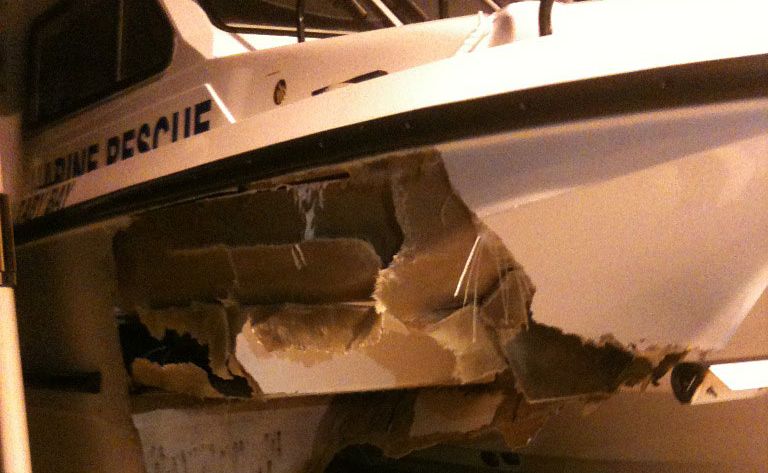 One hull of this catamaran was torn apart during a collision with a whale. One hull of this catamaran was torn apart during a collision with a whale.