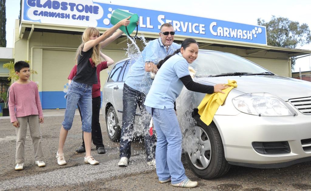 Kyrell Kong, 10, Danae Lowe, 12, Peter Monaghan and Sophea Yi are ready for the fundraiser at the Car Wash Cafe, Toolooa St, Gladstone. Kyrell Kong, 10, Danae Lowe, 12, Peter Monaghan and Sophea Yi are ready for the fundraiser at the Car Wash Cafe, Toolooa St, Gladstone.