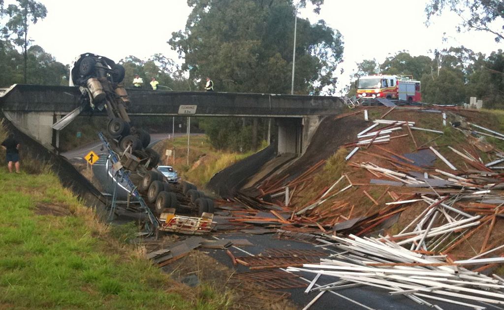 A truck has crashed on the Gympie Road overpass at Tinana. A truck has crashed on the Gympie Road overpass at Tinana.