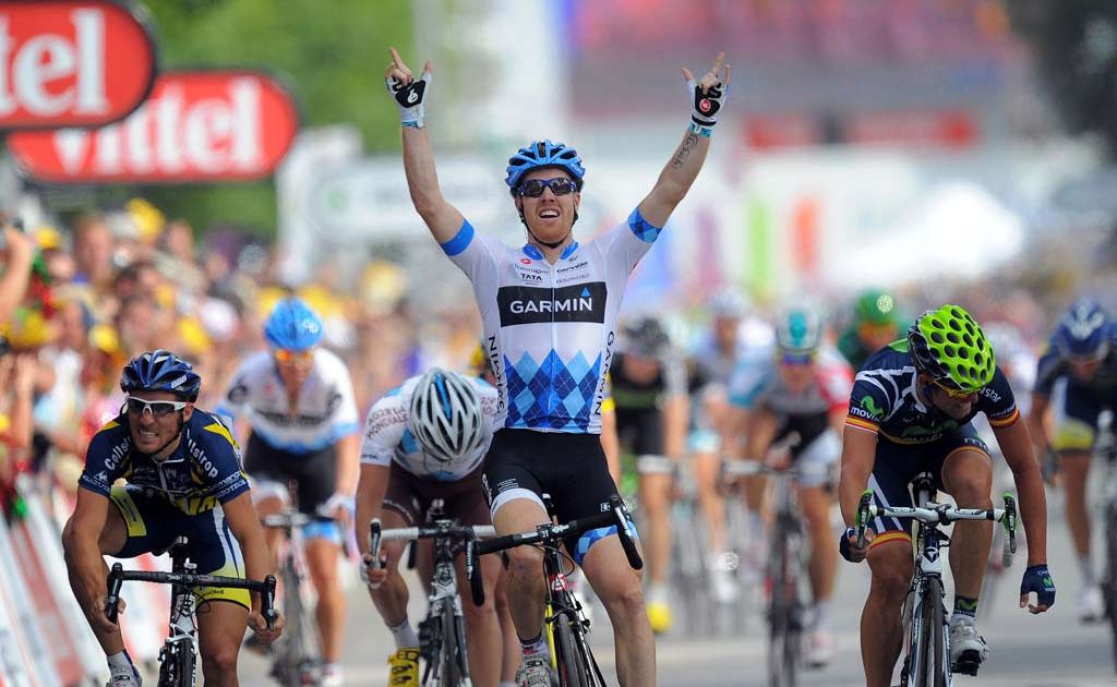 Garmin-CervElo’s Tyler Farrar raises his arms in glory. Garmin-CervElo’s Tyler Farrar raises his arms in glory.