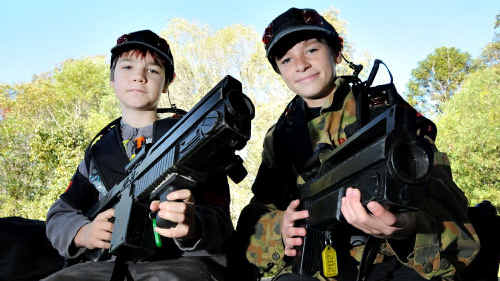 Harley Hone and Jesse Bromilow (above) get kitted up for the LazeRage combat simulation game. Harley Hone and Jesse Bromilow (above) get kitted up for the LazeRage combat simulation game.