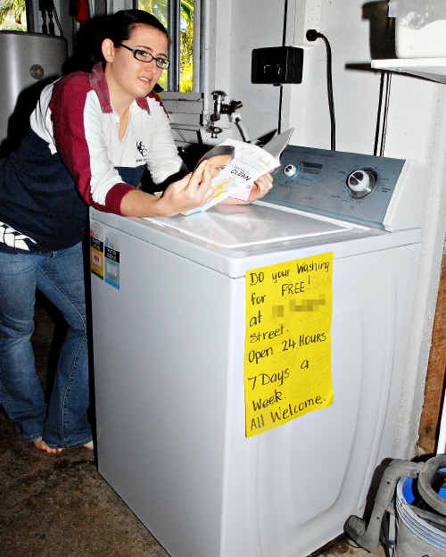 Tiana Hughes will be keeping a keen eye on her family’s washing machine in future in case the phantom washer returns with another load of laundry. Amused family friends jokingly made a sign to stick on the machine. Tiana Hughes will be keeping a keen eye on her family’s washing machine in future in case the phantom washer returns with another load of laundry. Amused family friends jokingly made a sign to stick on the machine.