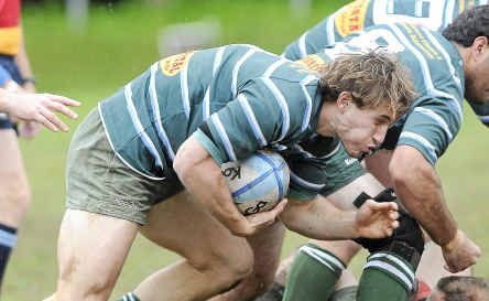 Lismore flanker Dom Morris drives the ball on against Wollongbar. Morris’ backrow partner Joe Akkersdyk had a whale of a game. 