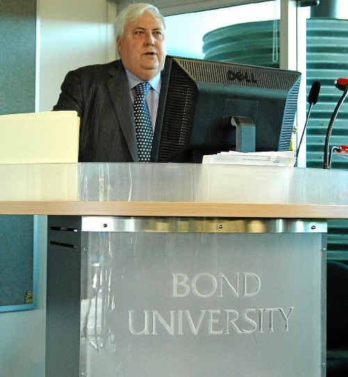 OPPORTUNITY LOST: Clive Palmer speaking at the Institute of Sustainable Development and Architecture at Bond University. OPPORTUNITY LOST: Clive Palmer speaking at the Institute of Sustainable Development and Architecture at Bond University.