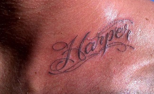 David Beckham reveals his latest tattoo - the name of his new baby daughter, Harper. David Beckham reveals his latest tattoo - the name of his new baby daughter, Harper.