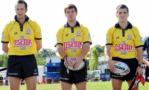 Jon Kennedy (pictured middle) with linesmen Andrew Wareham and Peter Gough at the women’s State of Origin in Gympie. Jon will referee a Toyota Cup game today on the Gold Coast. Jon Kennedy (pictured middle) with linesmen Andrew Wareham and Peter Gough at the women’s State of Origin in Gympie. Jon will referee a Toyota Cup game today on the Gold Coast.