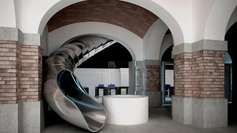 The Museum of Ideas and Inventions of Barcelona (MIBA), is spread over two floors, connected by this glorious slide. The Museum of Ideas and Inventions of Barcelona (MIBA), is spread over two floors, connected by this glorious slide.