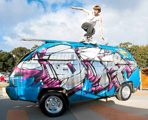 ON THE EDGE: Finalist Brock Midgley “grinds” along the top of a modified van during the titles.
