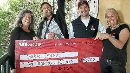 SMILES ALL ROUND: Jake Dolan (second left) and his mum Sharelle Craft are presented with a $10,000 cheque from BayFM president Ros Elliott (right) and GM of The Brewery Byron Bay Andrew Woodburn. SMILES ALL ROUND: Jake Dolan (second left) and his mum Sharelle Craft are presented with a $10,000 cheque from BayFM president Ros Elliott (right) and GM of The Brewery Byron Bay Andrew Woodburn.