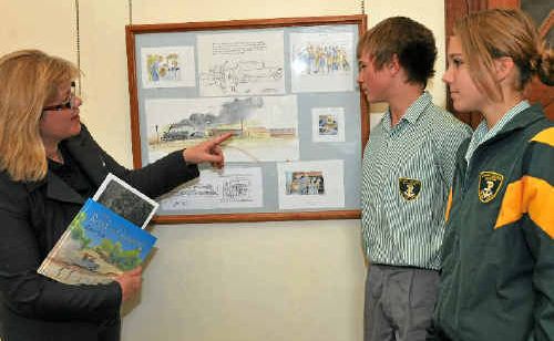 Gladstone Regional Art Gallery and Museum cultural projects officer Di Paddick with Chanel College Year 8 students Michael Noonan and Chloe Dredge view David Cox’s The Road to Goonong exhibition now on display. Gladstone Regional Art Gallery and Museum cultural projects officer Di Paddick with Chanel College Year 8 students Michael Noonan and Chloe Dredge view David Cox’s The Road to Goonong exhibition now on display.