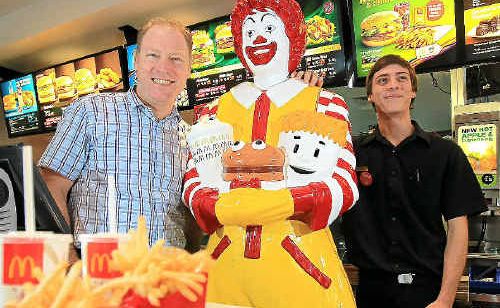 McDonald’s owner John Davis with his son Corban Davis celebrate McDonald’s 40th birthday with Ronald McDonald himself. McDonald’s owner John Davis with his son Corban Davis celebrate McDonald’s 40th birthday with Ronald McDonald himself.