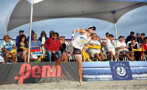 Maryborough’s Nadia Johnston, the current number one beach tennis player in the United States, shows her style. Maryborough’s Nadia Johnston, the current number one beach tennis player in the United States, shows her style.