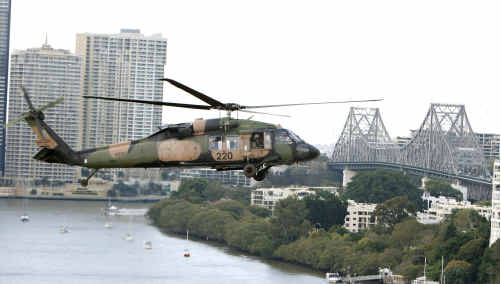 An Australian Army Black Hawk helicopter over Brisbane. An Australian Army Black Hawk helicopter over Brisbane.