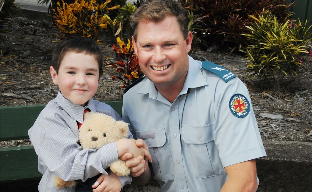 Bailey Fuller meets the voice on the other end of the line – emergency medical dispatcher Matt Salter. Bailey, 5, talked to Mr Salter when his mother collapsed at their Gympie home last month. Bailey Fuller meets the voice on the other end of the line – emergency medical dispatcher Matt Salter. Bailey, 5, talked to Mr Salter when his mother collapsed at their Gympie home last month.