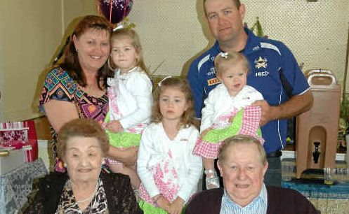 MAJOR MILESTONE: Elsie Langlands and five generations of family celebrated her 100th Birthday in fine style in Laidley on the weekend. Seated front is Elsie Langlands and her son Noel, along with grand-daughter Jill Maree, great-grandson Clint Ilka and great, great grandchildren Matilda, Mackenzie and Heidi. MAJOR MILESTONE: Elsie Langlands and five generations of family celebrated her 100th Birthday in fine style in Laidley on the weekend. Seated front is Elsie Langlands and her son Noel, along with grand-daughter Jill Maree, great-grandson Clint Ilka and great, great grandchildren Matilda, Mackenzie and Heidi.