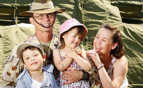 Captain Derek Russell – with his wife Cassie and children Coen, 5, and Tully, 3 – says it is hard leaving his family, particularly as the children grow older. Captain Derek Russell – with his wife Cassie and children Coen, 5, and Tully, 3 – says it is hard leaving his family, particularly as the children grow older.