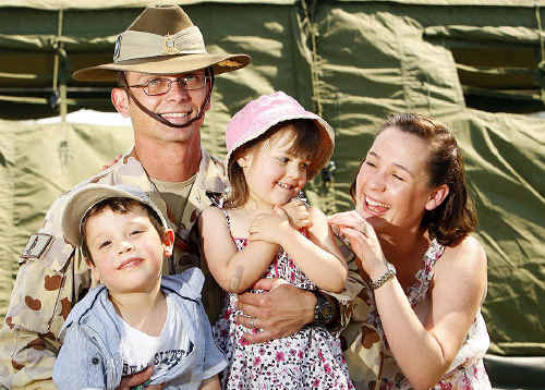 Captain Derek Russell – with his wife Cassie and children Coen, 5, and Tully, 3 – says it is hard leaving his family, particularly as the children grow older. Captain Derek Russell – with his wife Cassie and children Coen, 5, and Tully, 3 – says it is hard leaving his family, particularly as the children grow older.