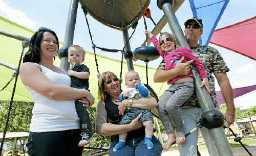 Victoria Park conversation with (from left) Tanya Thirkettle with Logan, Marilyn Eves with Lachlan, and Jemma with Kevin Noffke. Victoria Park conversation with (from left) Tanya Thirkettle with Logan, Marilyn Eves with Lachlan, and Jemma with Kevin Noffke.