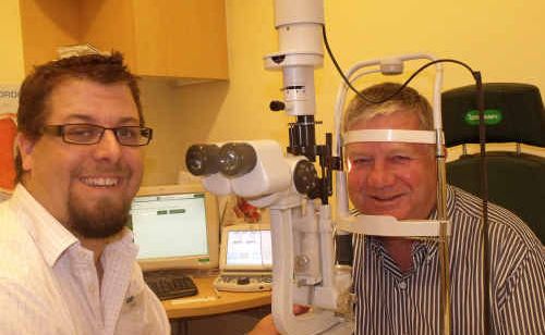 Specsavers optometrist Adam McDougall tests Mayor Col Meng’s eyes on National Eyecare Day. Specsavers optometrist Adam McDougall tests Mayor Col Meng’s eyes on National Eyecare Day.