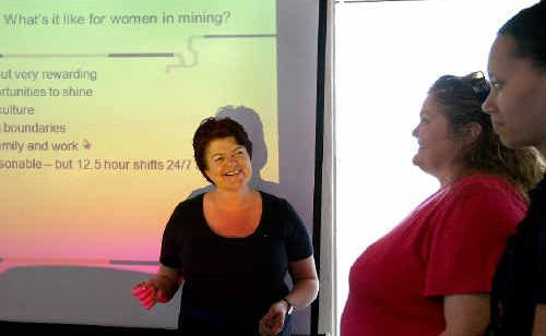 WDS Industry recruitment manager Sally Rinehart (left) gives Mackay region women Helen Goode and Brittany Bobongie tips on finding jobs in the mines. WDS Industry recruitment manager Sally Rinehart (left) gives Mackay region women Helen Goode and Brittany Bobongie tips on finding jobs in the mines.