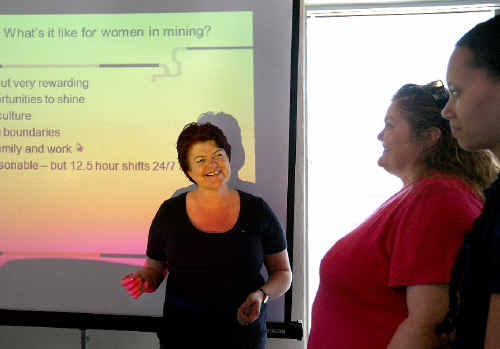 WDS Industry recruitment manager Sally Rinehart (left) gives Mackay region women Helen Goode and Brittany Bobongie tips on finding jobs in the mines. WDS Industry recruitment manager Sally Rinehart (left) gives Mackay region women Helen Goode and Brittany Bobongie tips on finding jobs in the mines.