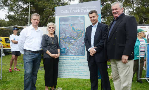 The Coffs Creek Cycleway sign was unveiled by Ian and Barbara Hogbin, Senator Matt Thistlethwaite and Mayor Keith Rhoades. The Coffs Creek Cycleway sign was unveiled by Ian and Barbara Hogbin, Senator Matt Thistlethwaite and Mayor Keith Rhoades.