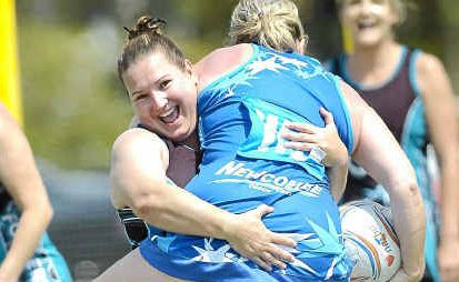 Fockers player Sharon Casablanca has a light-hearted joke on the courts during the 2011 Lismore Masters Games at the Lismore Netball Courts. Fockers player Sharon Casablanca has a light-hearted joke on the courts during the 2011 Lismore Masters Games at the Lismore Netball Courts.