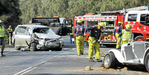 The scene of a fatal car accident north of the Harwood Bridge on Saturday. The scene of a fatal car accident north of the Harwood Bridge on Saturday.