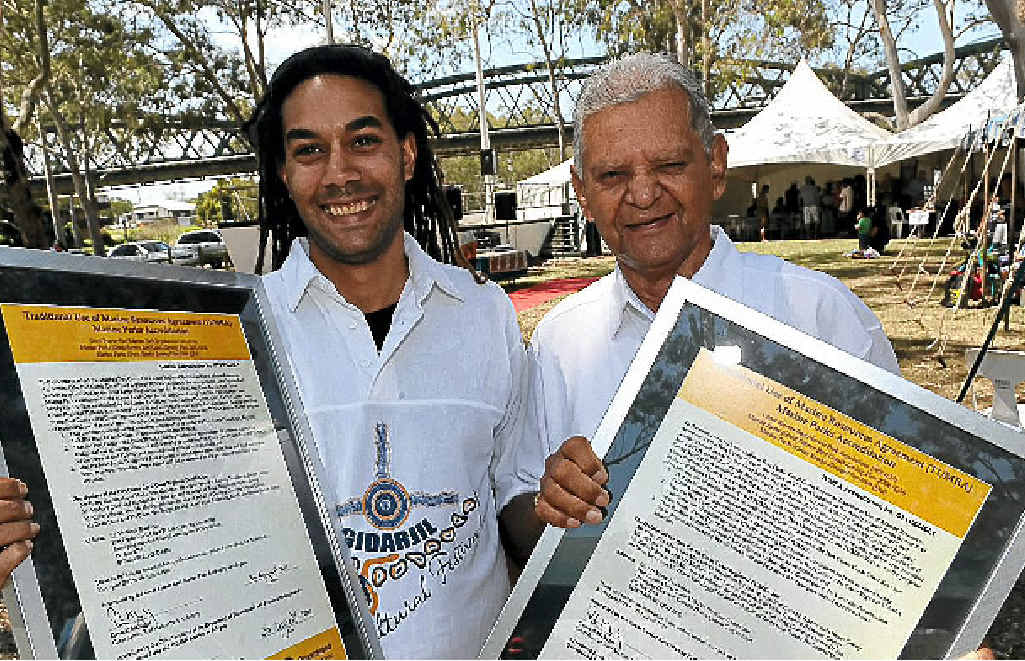 Byellee clan member Michael Cook and Gooreng Gooreng clan member Colin Johnson receive accreditation from Tumra for their outstanding care of the marine environment at the Gidarjil Cultural Fest at Lions Park. Byellee clan member Michael Cook and Gooreng Gooreng clan member Colin Johnson receive accreditation from Tumra for their outstanding care of the marine environment at the Gidarjil Cultural Fest at Lions Park.