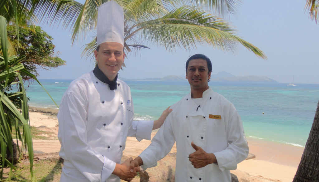 Jeremy Steel (left) at Fiji’s Tokoriki Resort where he has established an International Guest Chef program Jeremy Steel (left) at Fiji’s Tokoriki Resort where he has established an International Guest Chef program