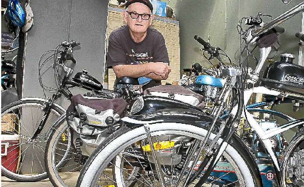 John Foss, AKA Giacomo Fosscati, of Ocean Shores with his hand-made motorised bicycles. John Foss, AKA Giacomo Fosscati, of Ocean Shores with his hand-made motorised bicycles.