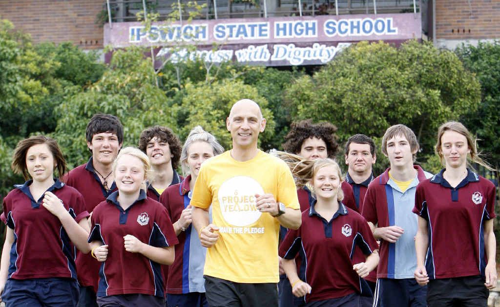 Chris Pye has launched his Project Yellow marathon campaign at Ipswich State High School. Chris Pye has launched his Project Yellow marathon campaign at Ipswich State High School.