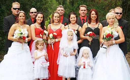 Twins Danny (left) and Darryl Knight with their new wives Lesley (left) and Samara Knight. Twins Danny (left) and Darryl Knight with their new wives Lesley (left) and Samara Knight.