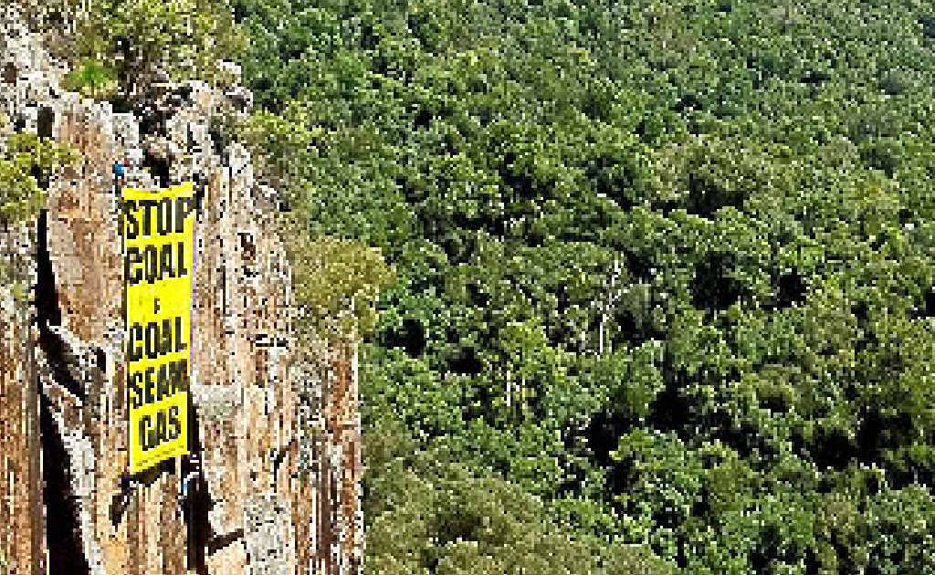A 40sqm banner hangs on Frog Buttress an internationally renowned rockface on the side of Mt French, just across the Qld border in the Scenic Rim as part of a CSG protest that is planned for this weekend. A 40sqm banner hangs on Frog Buttress an internationally renowned rockface on the side of Mt French, just across the Qld border in the Scenic Rim as part of a CSG protest that is planned for this weekend.