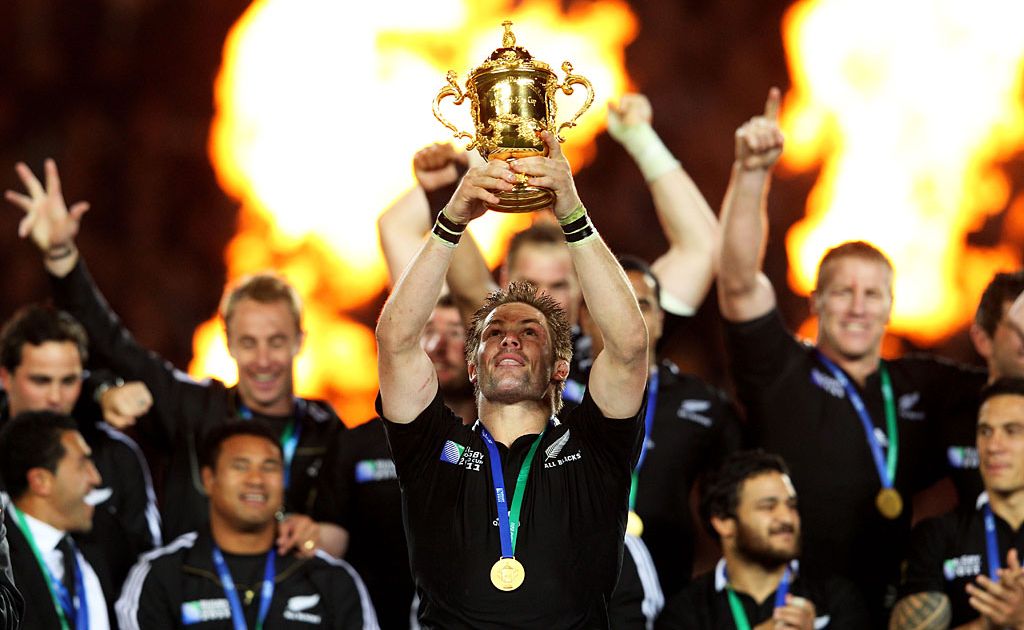 All Black captain Richie McCaw holds aloft the 2011 Rugby World Cup trophy after New Zealand beat France at Eden Park. All Black captain Richie McCaw holds aloft the 2011 Rugby World Cup trophy after New Zealand beat France at Eden Park.