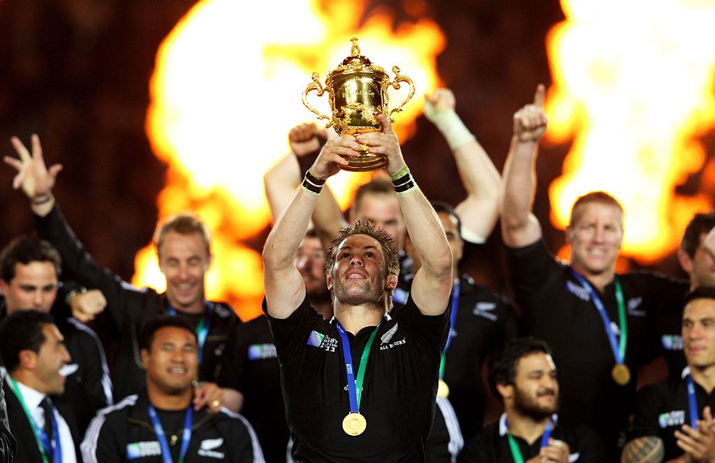 All Black captain Richie McCaw holds aloft the 2011 Rugby World Cup trophy after New Zealand beat France at Eden Park. All Black captain Richie McCaw holds aloft the 2011 Rugby World Cup trophy after New Zealand beat France at Eden Park.